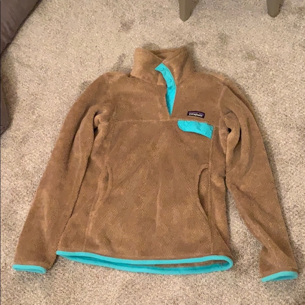 Patagonia Quarter Zip - Tan and Tiffany Blue